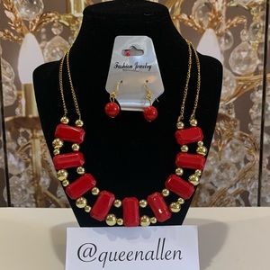 Beaded Bib Necklace Set- Red